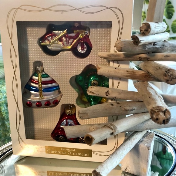 NIB Childs Glass Christmas Ornaments Motorcycle Sailboat Plane Bug Car - Picture 2 of 8